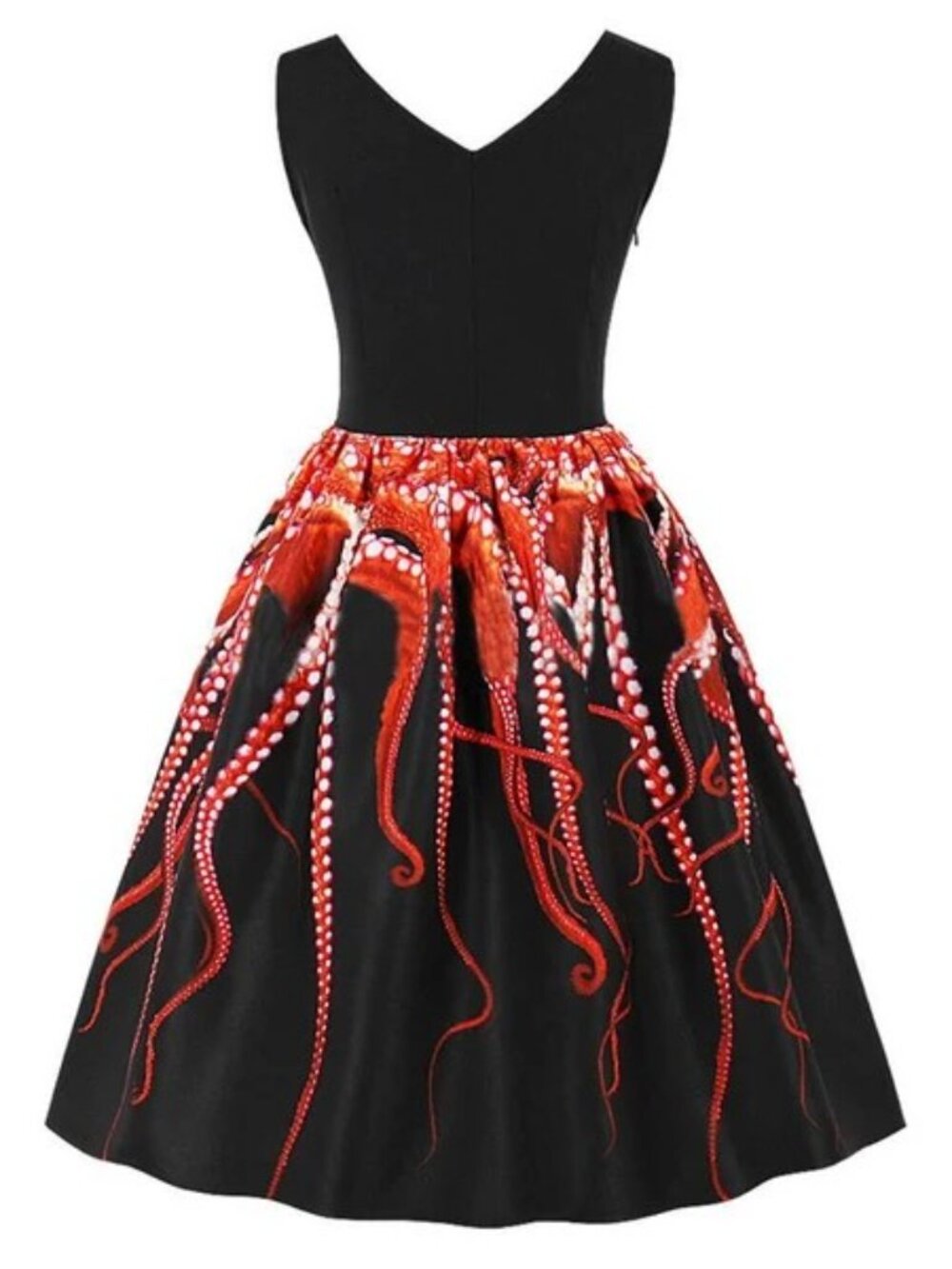 Sleeveless Black Dress with Red Octopus Print Skirt